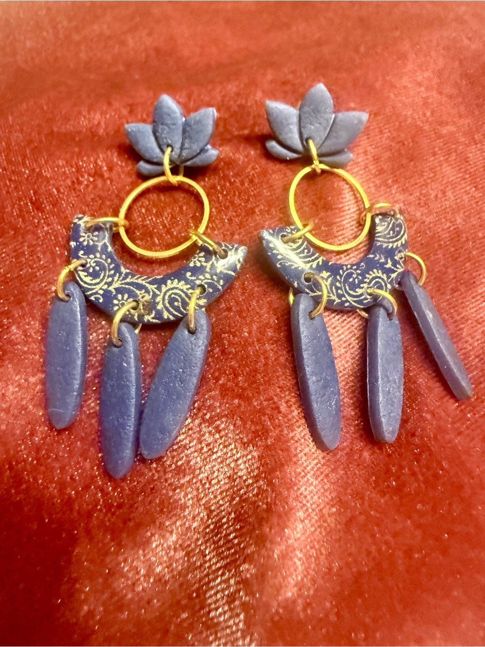 Blue and Gold Floral Motif Drop Earrings with Elegant Paisley Print